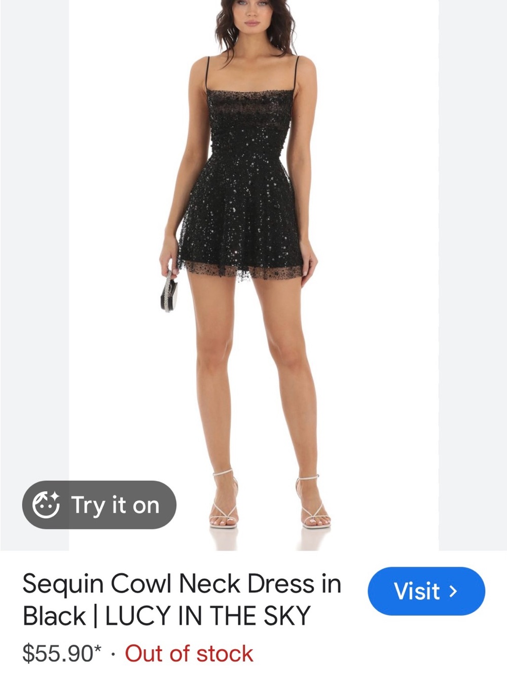 LUCY IN THE SKY Black Sequin Cowl Neck Mini Dress size Large (fits w.  6-10)